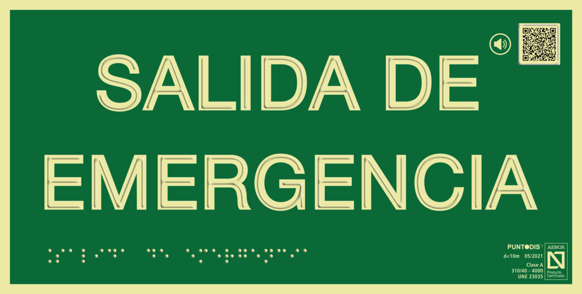 Placa fotoluminiscente Salida de emergencia con QR, braille y altorrelieve