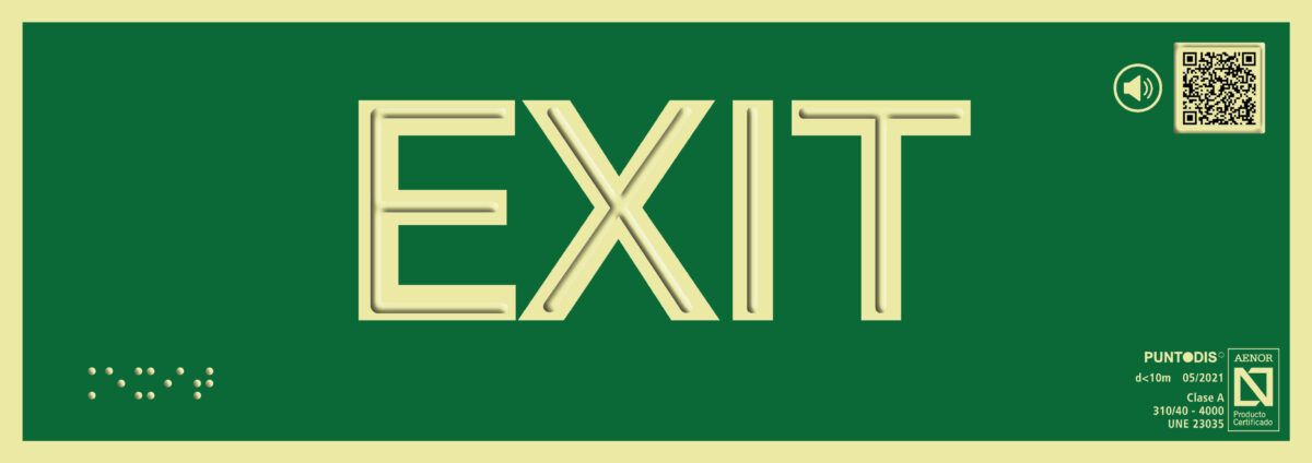 Placa fotoluminiscente EXIT con QR, braille y altorrelieve