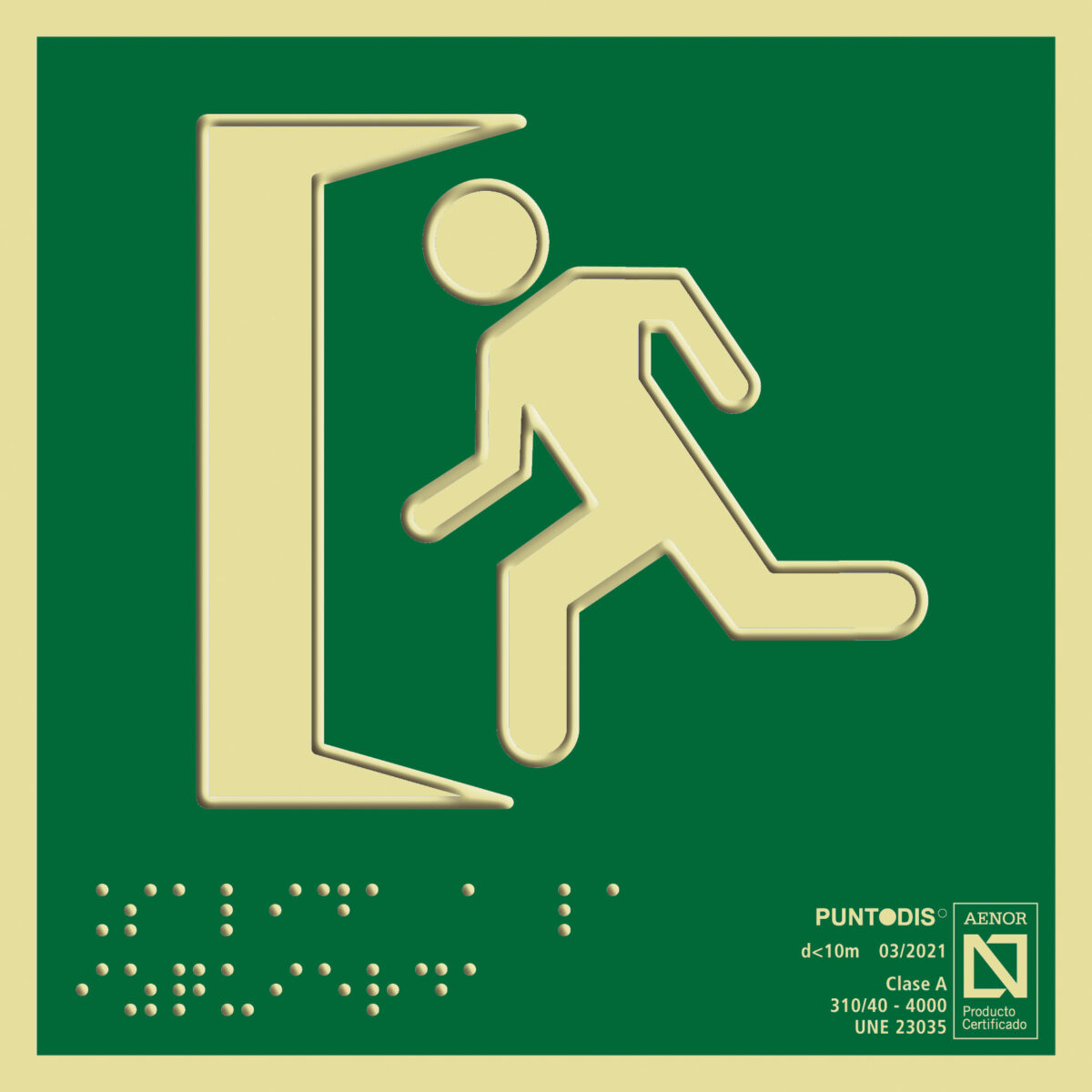 Placa fotoluminiscente Salida de emergencia a la izquierda, braille y altorrelieve