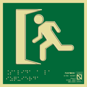 Placa fotoluminiscente Salida de emergencia a la izquierda, braille y altorrelieve