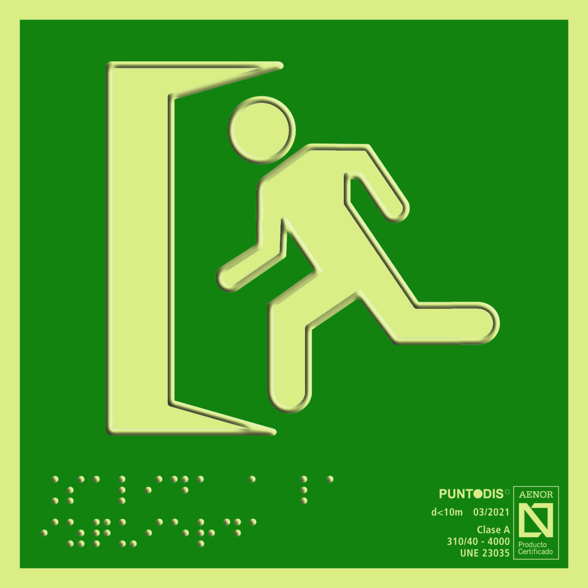 Placa fotoluminiscente Salida de emergencia a la izquierda, braille y altorrelieve