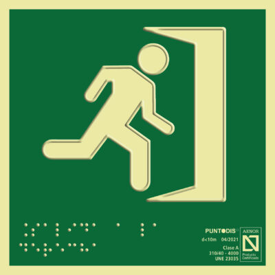 Placa fotoluminiscente Salida de emergencia a la derecha, braille y altorrelieve