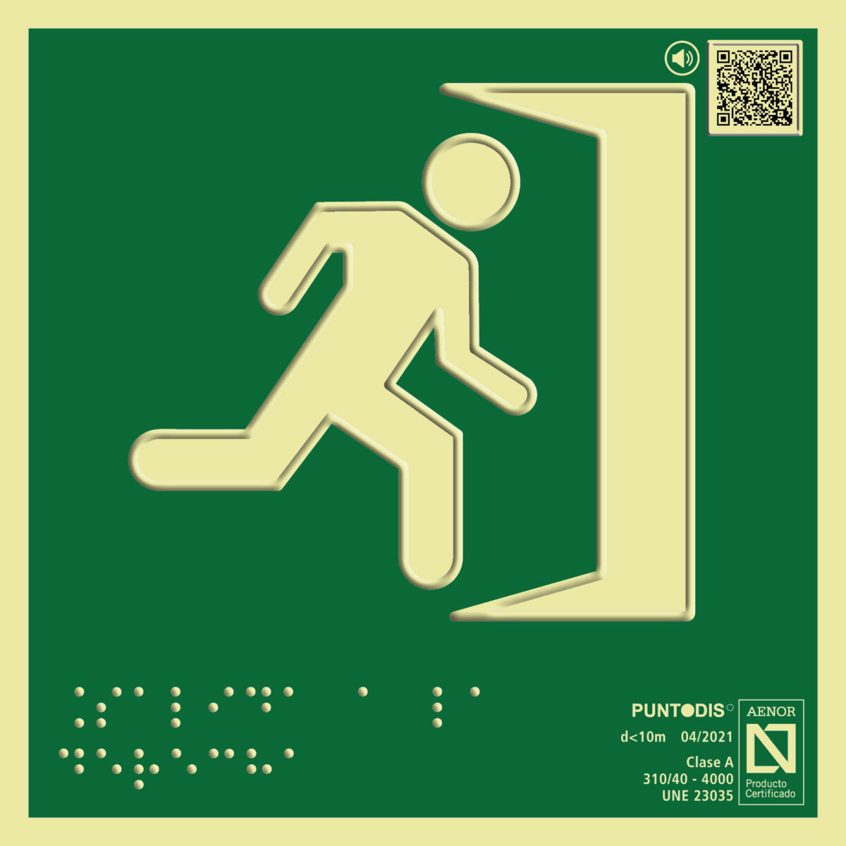 Placa fotoluminiscente Salida de emergencia a la derecha con QR, braille y altorrelieve