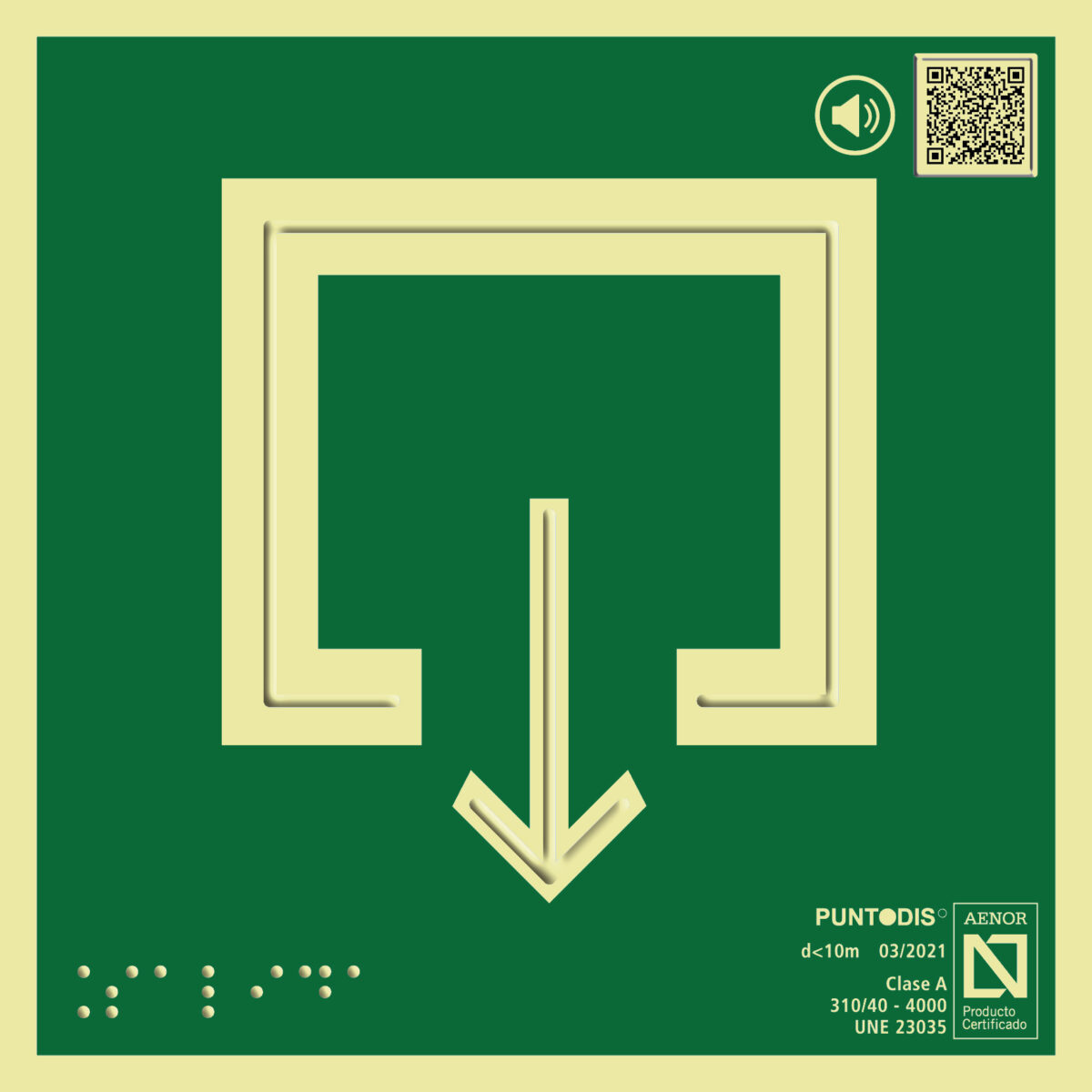 Placa fotoluminiscente Salida con QR, braille y altorrelieve