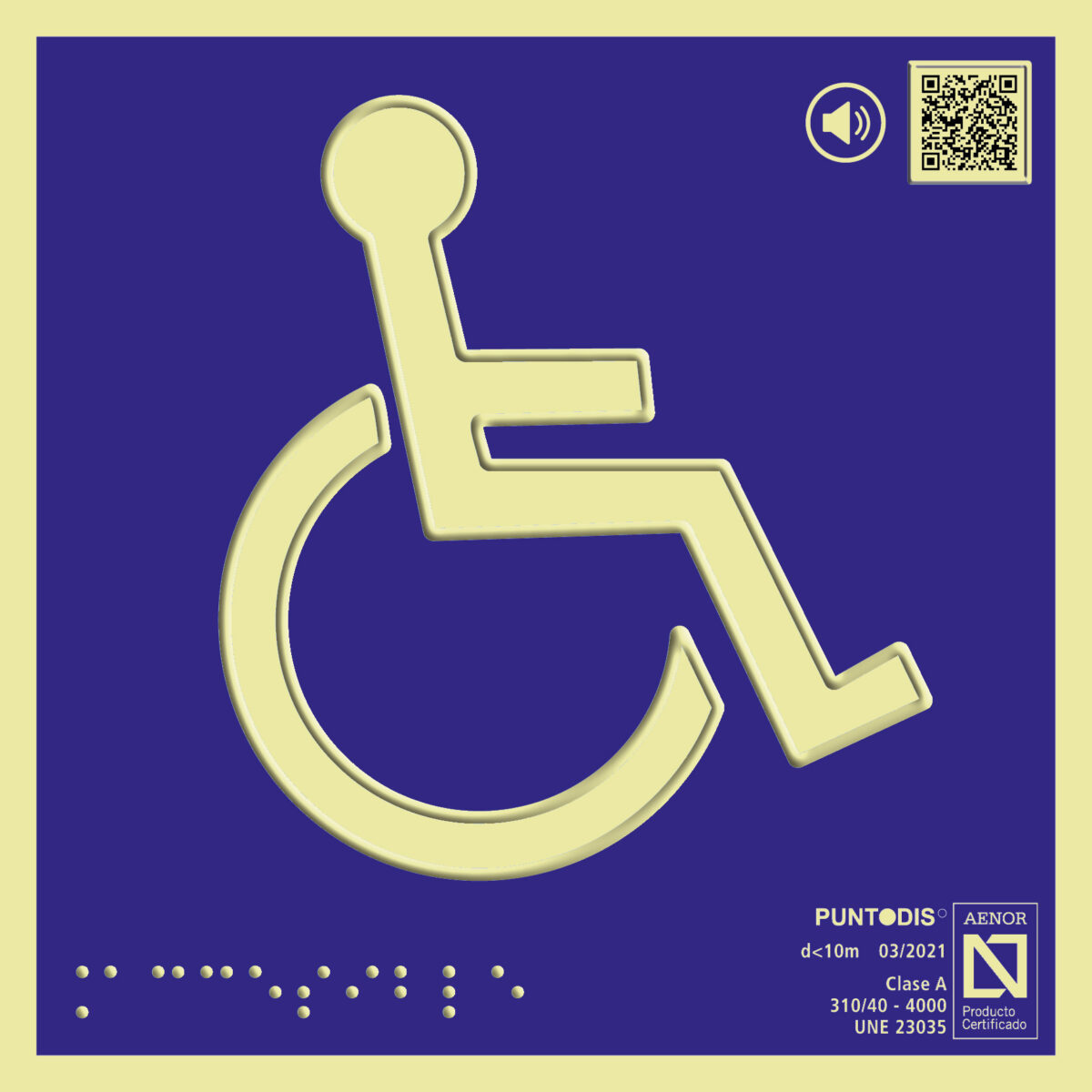 Placa fotoluminiscente SIA accesible con QR, braille y altorrelieve