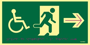 Pictograma salida de emergencia a la derecha con silla de ruedas, en PVC