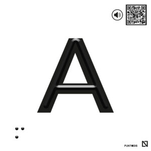 Placa letra A en braille y altorrelieve con QR, y en aluminio