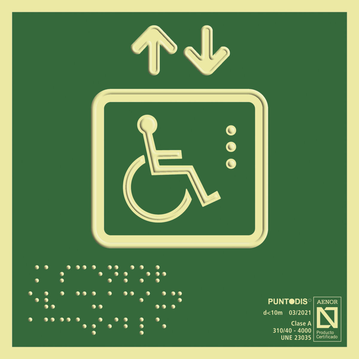Placa fotoluminiscente Ascensor evacuación accesible con braille y altorrelieve