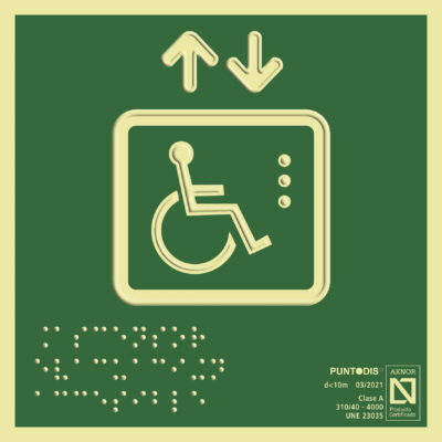 Placa fotoluminiscente Ascensor evacuación accesible con braille y altorrelieve