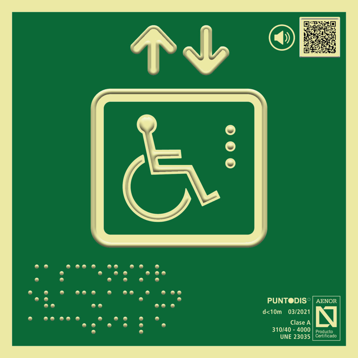 Placa fotoluminiscente Ascensor evacuación accesible con QR, braille y altorrelieve