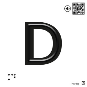 Placa letra D en braille y altorrelieve con QR, y en aluminio