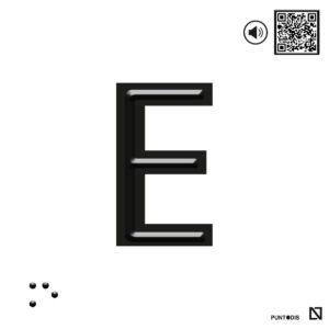 Placa letra E en braille y altorrelieve con QR, y en aluminio