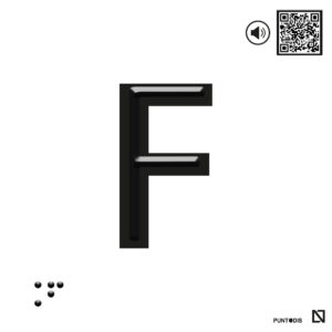 Placa letra F en braille y altorrelieve con QR, y en aluminio