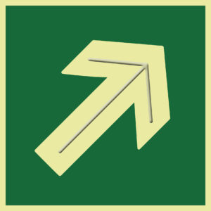 Placa fotoluminiscente Flecha diagonal, braille y altorrelieve