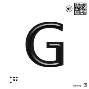 Placa letra G en braille y altorrelieve con QR, y en aluminio