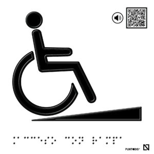 Placa Acceso con rampa en braille y altorrelieve con QR, y en aluminio