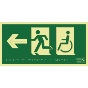 Placa fotoluminiscente Salida de emergencia a la izquierda con braille y altorrelieve