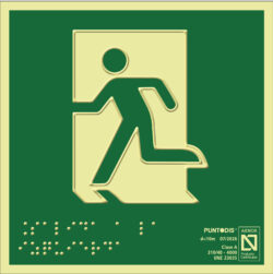 Placa fotoluminiscente Salida de emergencia a la izquierda, braille y altorrelieve