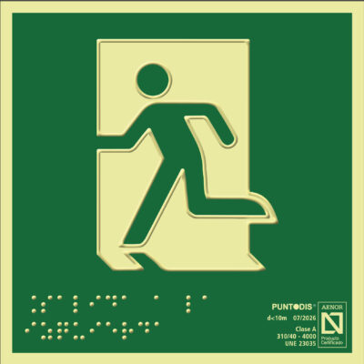 Placa fotoluminiscente Salida de emergencia a la izquierda, braille y altorrelieve