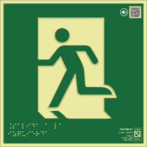 Placa fotoluminiscente Salida de emergencia a la izquierda, braille y altorrelieve, con QR