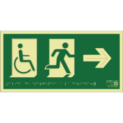 Placa fotoluminiscente Salida de emergencia a la derecha con silla de ruedas con braille y altorrelieve