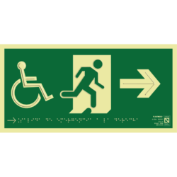 Placa fotoluminiscente Salida de emergencia a la derecha con silla de ruedas con braille y altorrelieve