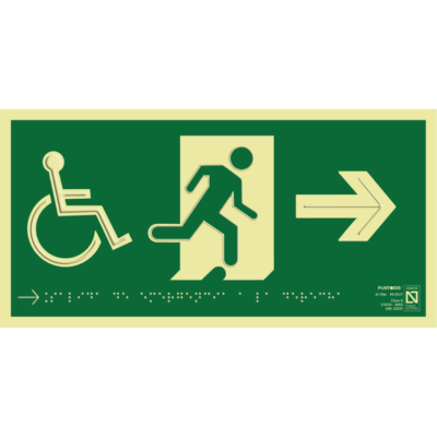 Placa fotoluminiscente Salida de emergencia a la derecha con silla de ruedas con braille y altorrelieve