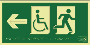 Placa fotoluminiscente Salida de emergencia a la izquierda con braille y altorrelieve
