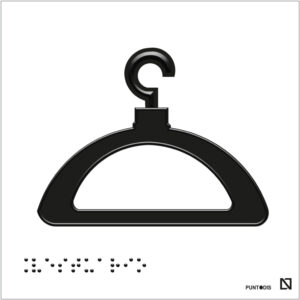 Placa de vestuarios mixtos con una percha en fondo blanco en braille