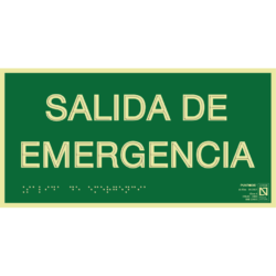 Placa fotoluminiscente Salida de emergencia con braille y altorrelieve