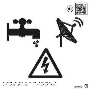 Placa Instalaciones en braille y altorrelieve con QR, y en aluminio