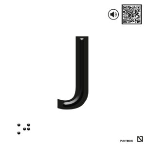 Placa letra J en braille y altorrelieve con QR, y en aluminio
