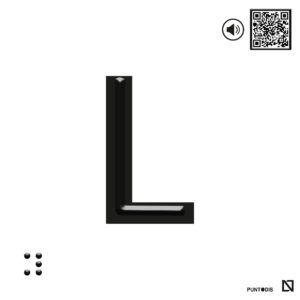 Placa letra L en braille y altorrelieve con QR, y en aluminio