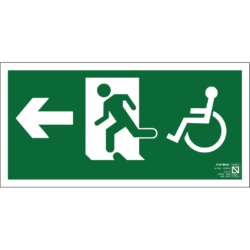 Placa fotoluminiscente Salida de emergencia a la izquierda accesible, braille y altorrelieve