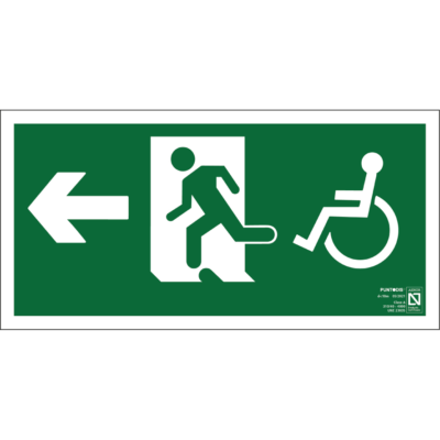 Placa fotoluminiscente Salida de emergencia a la izquierda accesible, braille y altorrelieve