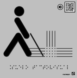 Placa Suelo tactovisual en braille y altorrelieve con QR, y en aluminio