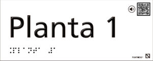 Placa Planta 1 en aluminio con braille y altorrelieve, con QR