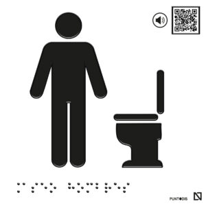 Placa Aseo hombre con inodoro en braille y altorrelieve con QR, y en aluminio