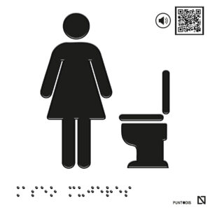Placa Aseo mujer con inodoro en braille y altorrelieve con QR, y en aluminio