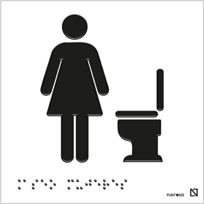 Placa de Aseo mujer con inodoro en braille, fondo blanco y de aluminio