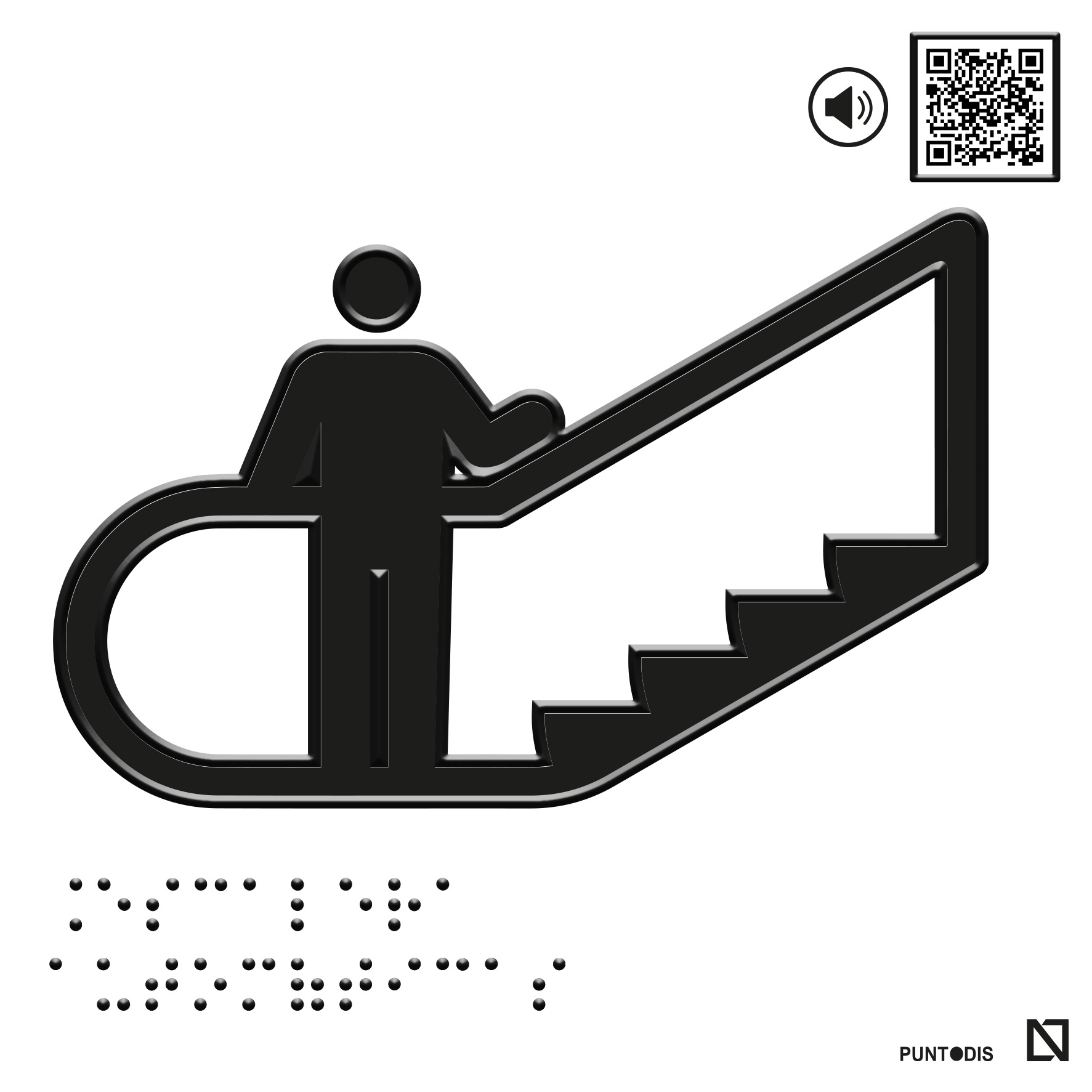 Placa escaleras automáticas en braille y altorrelieve con QR, y en aluminio