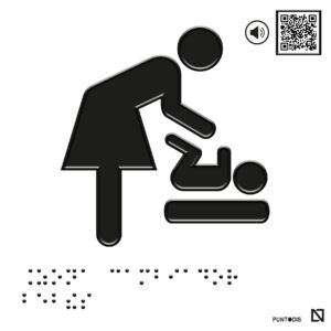 Placa de zona cambiador para bebés mujer en braille y fondo blanco, y con QR