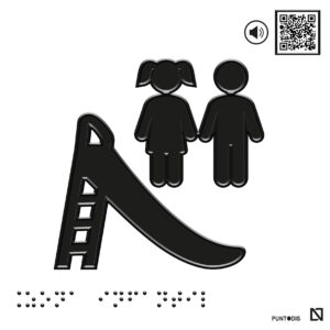 Placa zona infantil en braille y altorrelieve con QR, y en aluminio