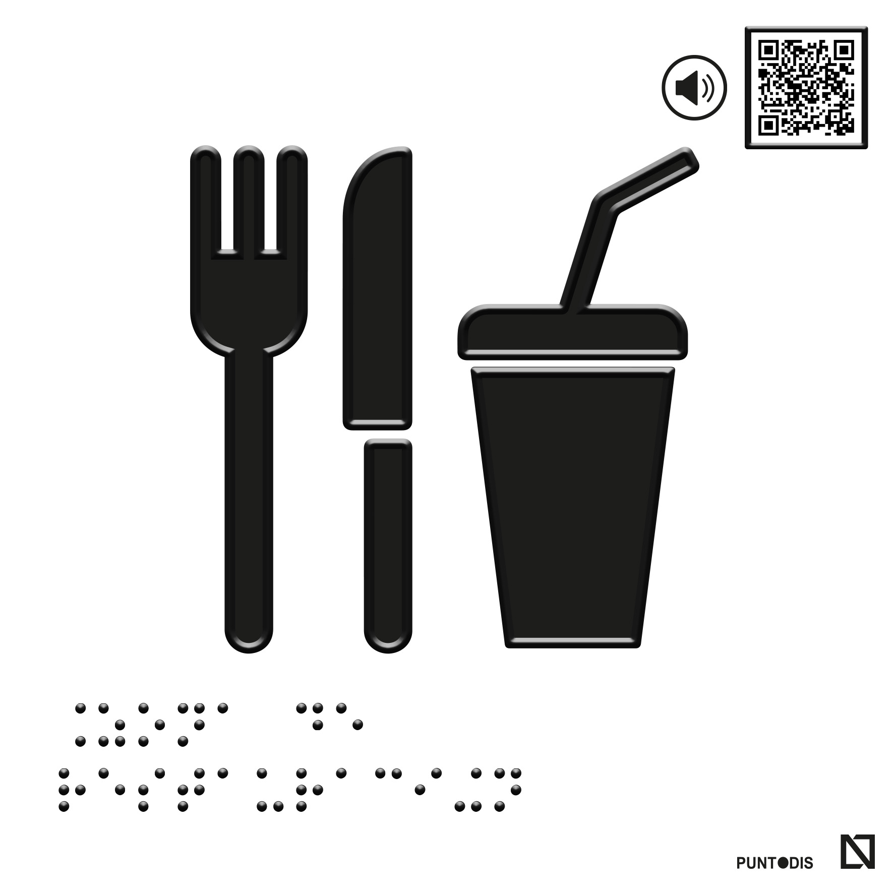 Placa zona de restauración en braille y altorrelieve con QR, y en aluminio