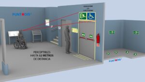Representación de edificio con señalética de evacuación y emergencia