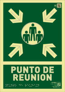 Placa fotoluminiscente Punto de reunión con QR, braille y altorrelieve