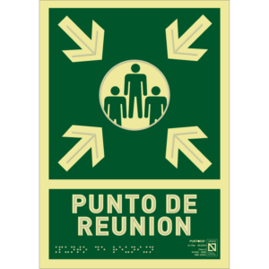 Placa fotoluminiscente Punto de reunión, braille y altorrelieve