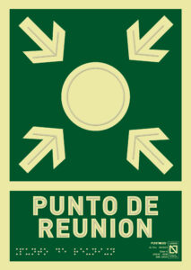 Placa fotoluminiscente Punto de reunión, braille y altorrelieve