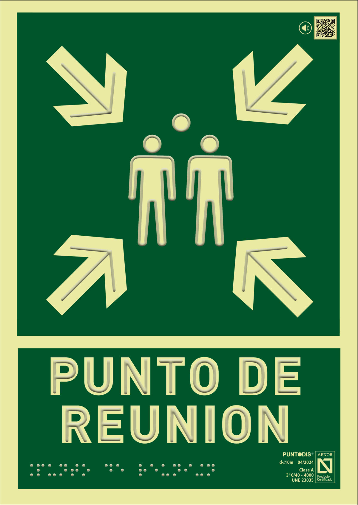 Placa fotoluminiscente Punto de reunión, con QR, braille y altorrelieve