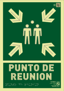 Placa fotoluminiscente Punto de reunión, con QR, braille y altorrelieve